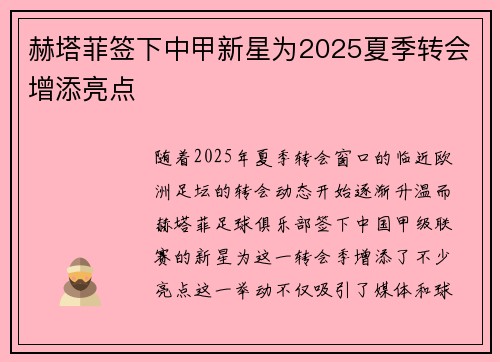 赫塔菲签下中甲新星为2025夏季转会增添亮点